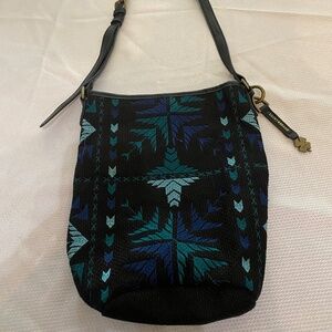 Lucky Brand blue and black woven fabric bag  / purse with leather strap - EUC